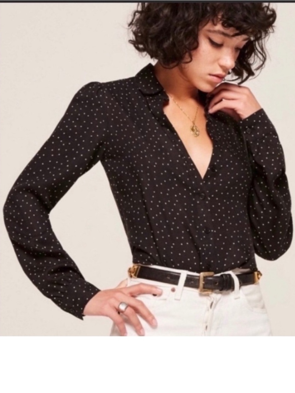 REFORMATION SEMI SHEER POLKA DOT LONG SLEEVE BLACK AND GOLD VISCOSE BLOUSE SZ SM